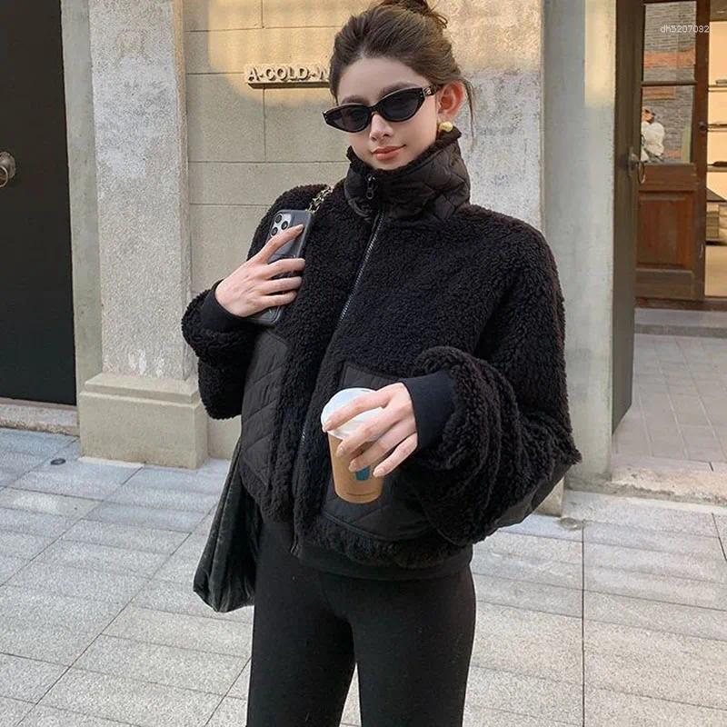 Fashion Patchwork Faux Fur Jacket Women Streetwear Stand-Up Collar Thicken Warm Plush Coat Winter Lambs Wool Short Outerwear