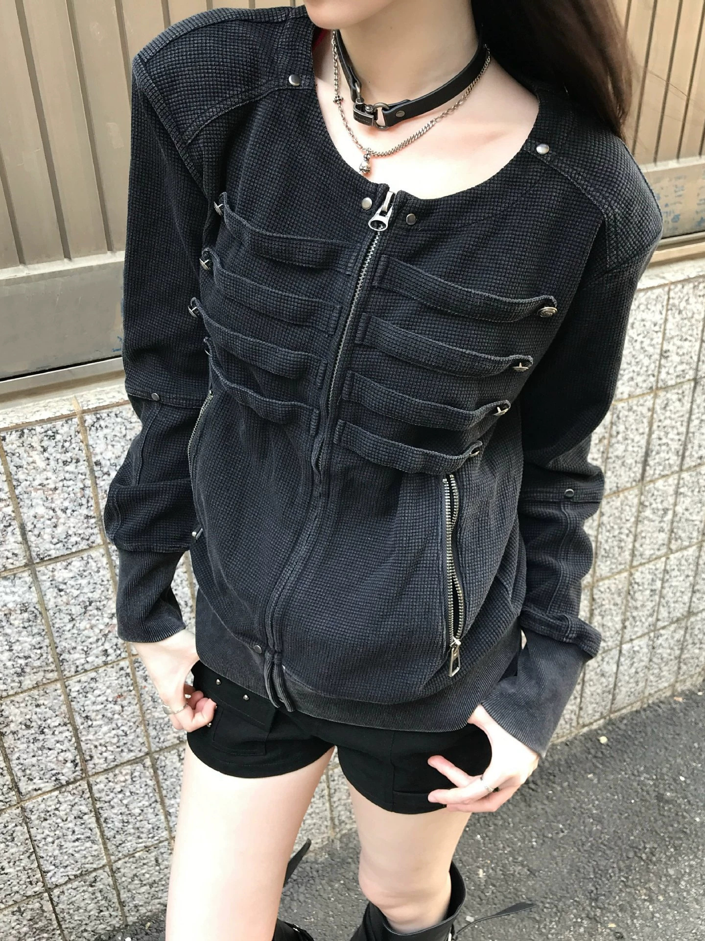 Cross-border dark industrial-style woven tape-decorated short jacket, vintage washed black waffle knit, functional style long-sleeve outerwear 9a