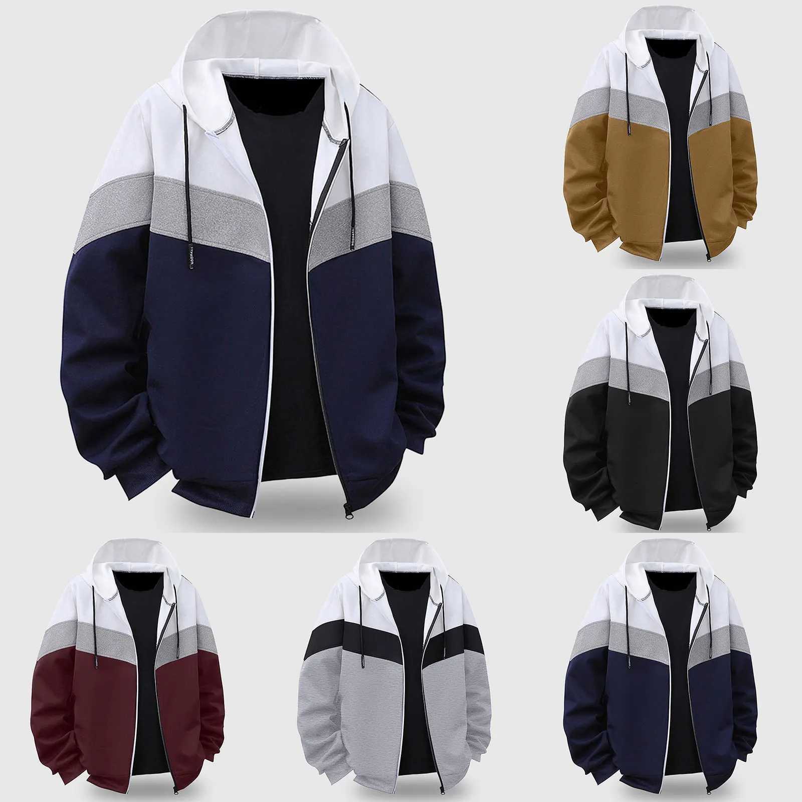 Men Color Block Hooded Jacket Casual Fashion Zipper Sportswear Track Jacket Strtwear Windbreaker Coat Outerwear Male Clothing S260918DNVC
