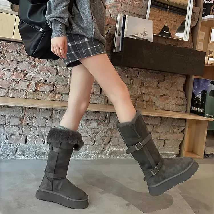 Winter Gray Snow Boots Women's Thick Bottom Heightening Fleece Lined Thick Long Tube Snow Northeast Big Cotton Shoes D2609171