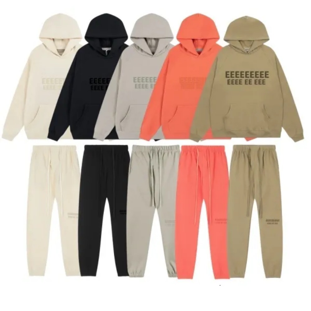 Loose High Street Couple Hoodies Set Flocking Printed Fleece Lined Warm Hooded Sweatshirt and Sweatpants 2PCS Men Women Casual Streetwear Tracksuit