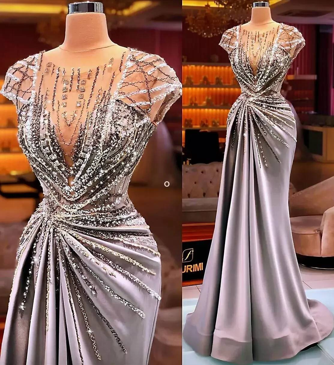Luxurious Silver Mermaid Prom Dresses Sheer Neck Beaded Crystals Evening Gowns For Women Formal Occasion Party Second Reception Wears BC15714