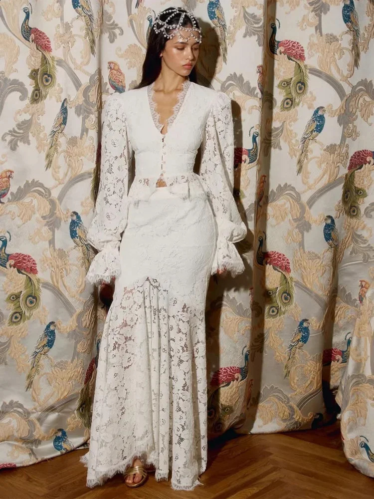 White Lace Patchwork Long Skirt Set Women Elegant Chic Full Flared Sleeve V-neck Cropped Top Suit 2026 Spring Autumn Outfit 260917