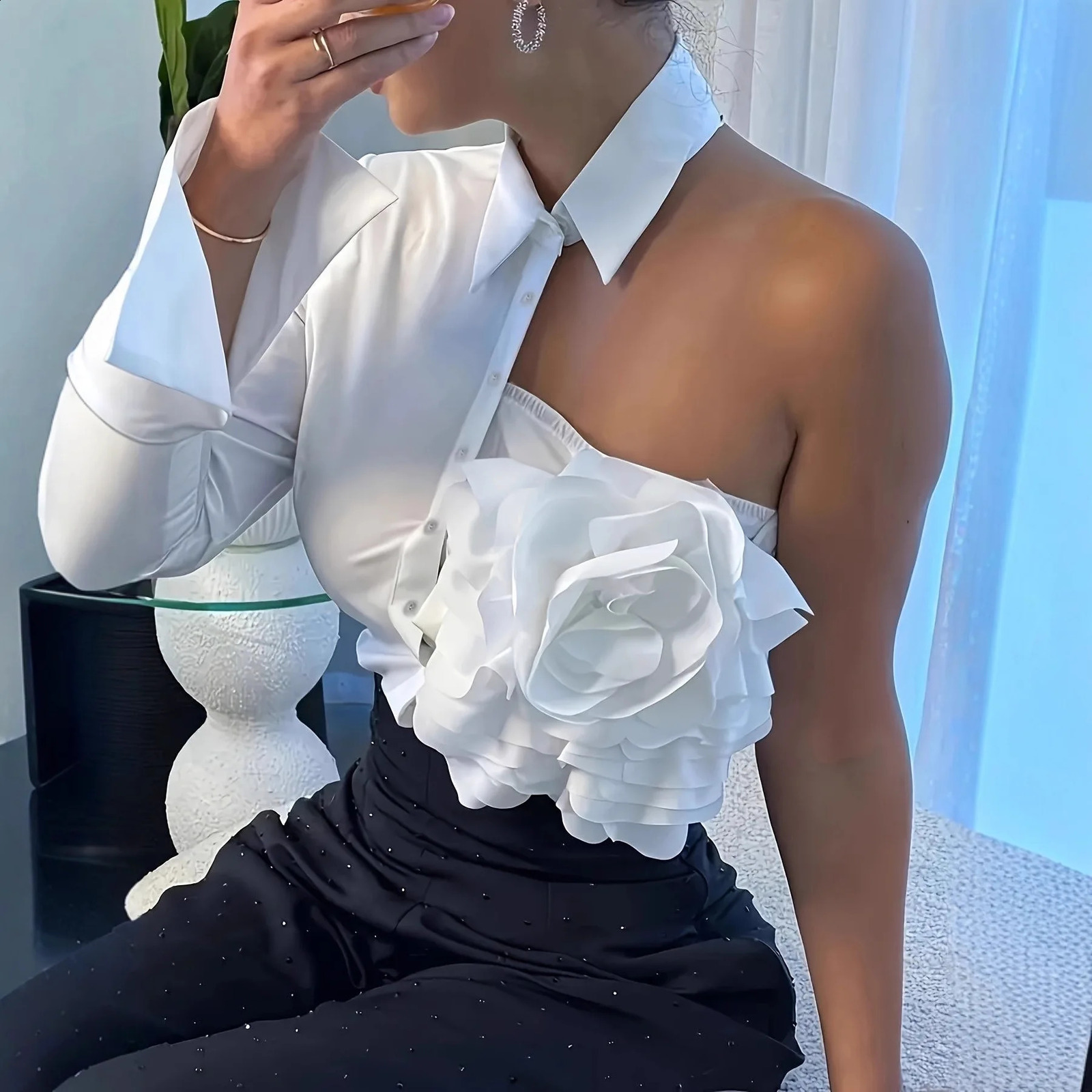 One-Shoulder Shirt Asymmetric Cutout Elegant Blouse Three-Dimensional Floral Applique Top Fashionable Versatile Chic 260917