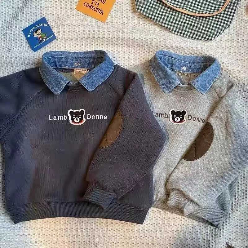 Boys Girls Long Sle Baby Sweatshirt 2026 Autumn Winter Children Bear Plush Thick Denim Lapel Plover Base Shirt TopsW260917