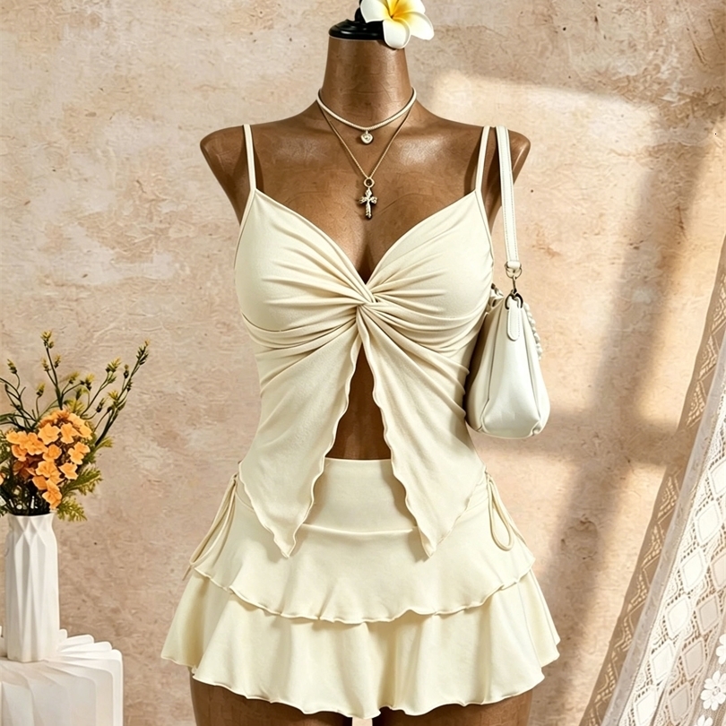 2 Pcs Women Spaghetti Strap Twist Cutout Cami Top Tiered Ruffle Mini Skirt Set Solid Cream White Slim Fit Summer Beach Vacation 260917