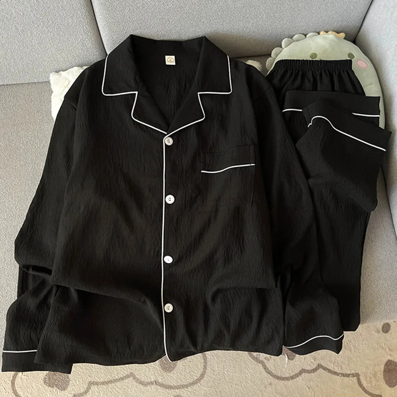 Large Size Pure Cotton Yarn Men's Sleepwear Spring and Autumn Long Sleeved Simple Black Nightwear Homewear Youth Pyjamas Set 260917