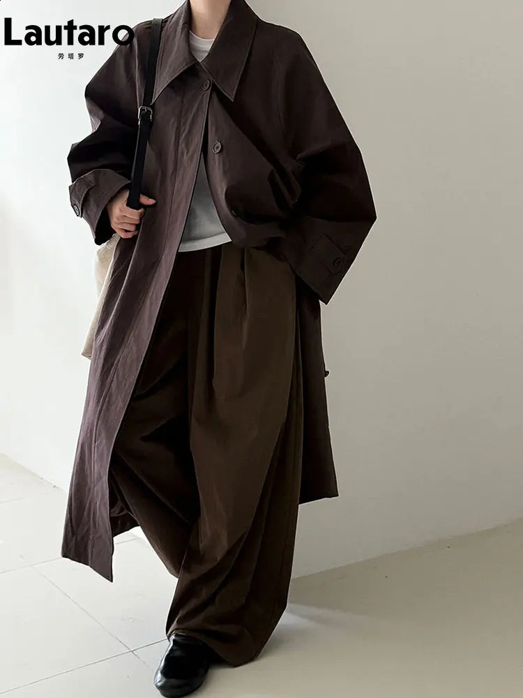 Lautaro Spring Autumn Long Black Loose Casual Trench Coat for Women Turn-down Collar Belt y ner Korean Fashion Clothes 260917