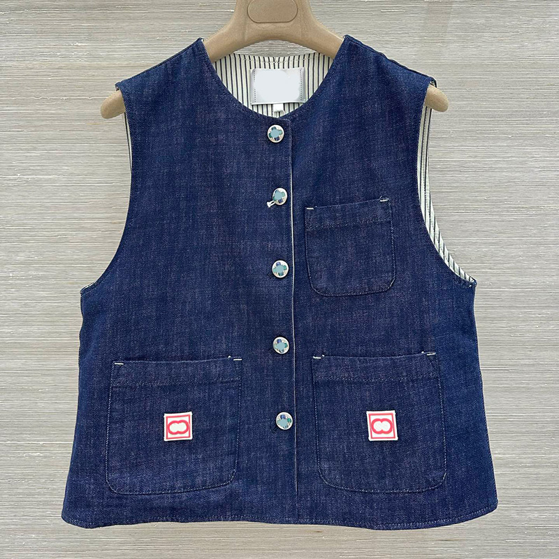 Designer Women Vintage Denim Vest Jacket Crew Collar Reversible Button Front Waistcoat Autumn Vacation Date Daily Wear Chic Sleeveless Coats