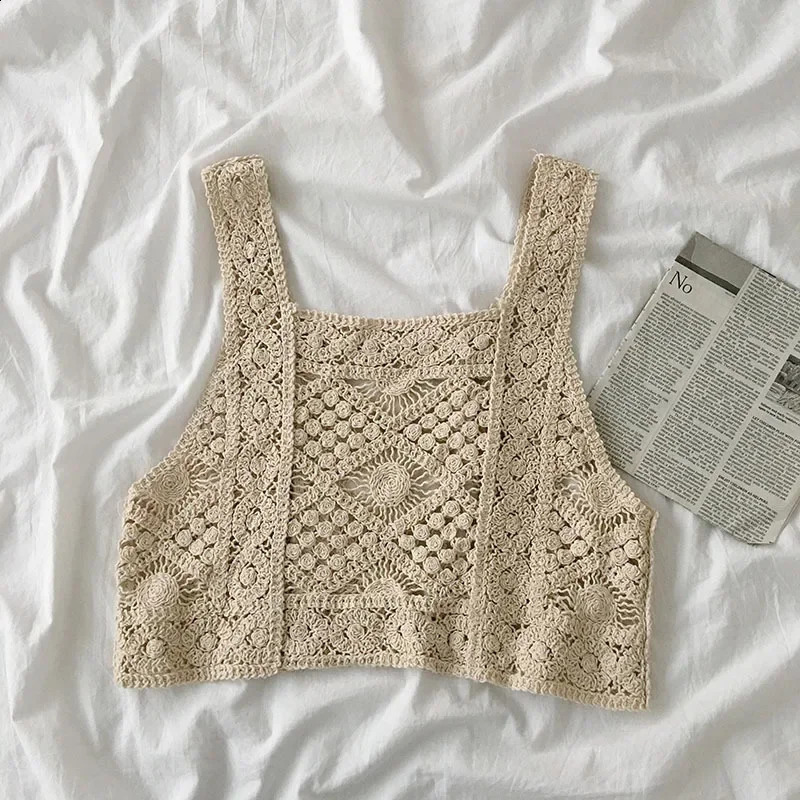 Women Vintage Crochet Camisole Bohemian Hollow Out Geometry Floral Knitted Vest Slim Sleeveless Crop Top Beachwear 260918