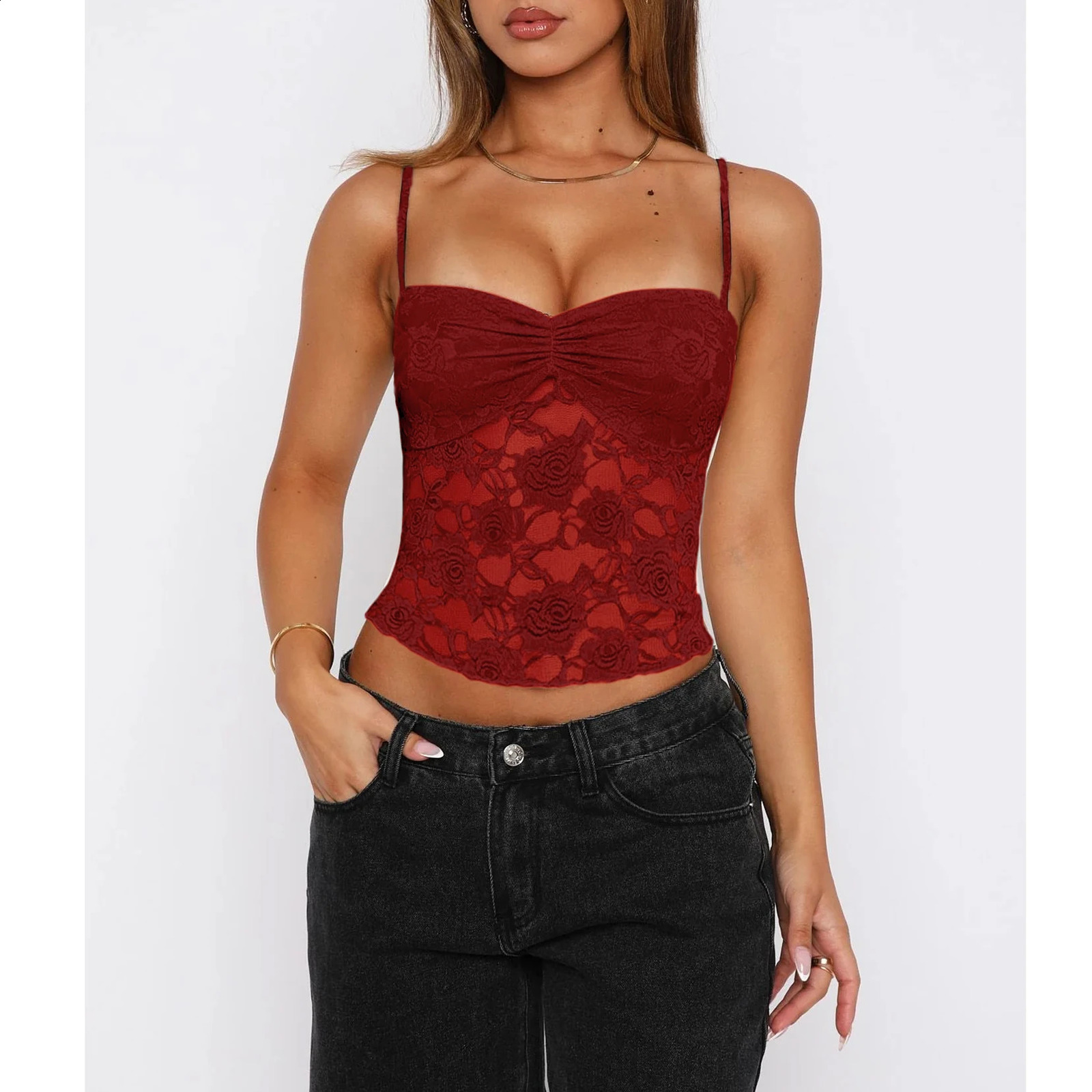 Women's Summer Lace Cami Tops Sleeveless Ruched Front Solid Color Camisole Slim Fit Tank Tops 260918