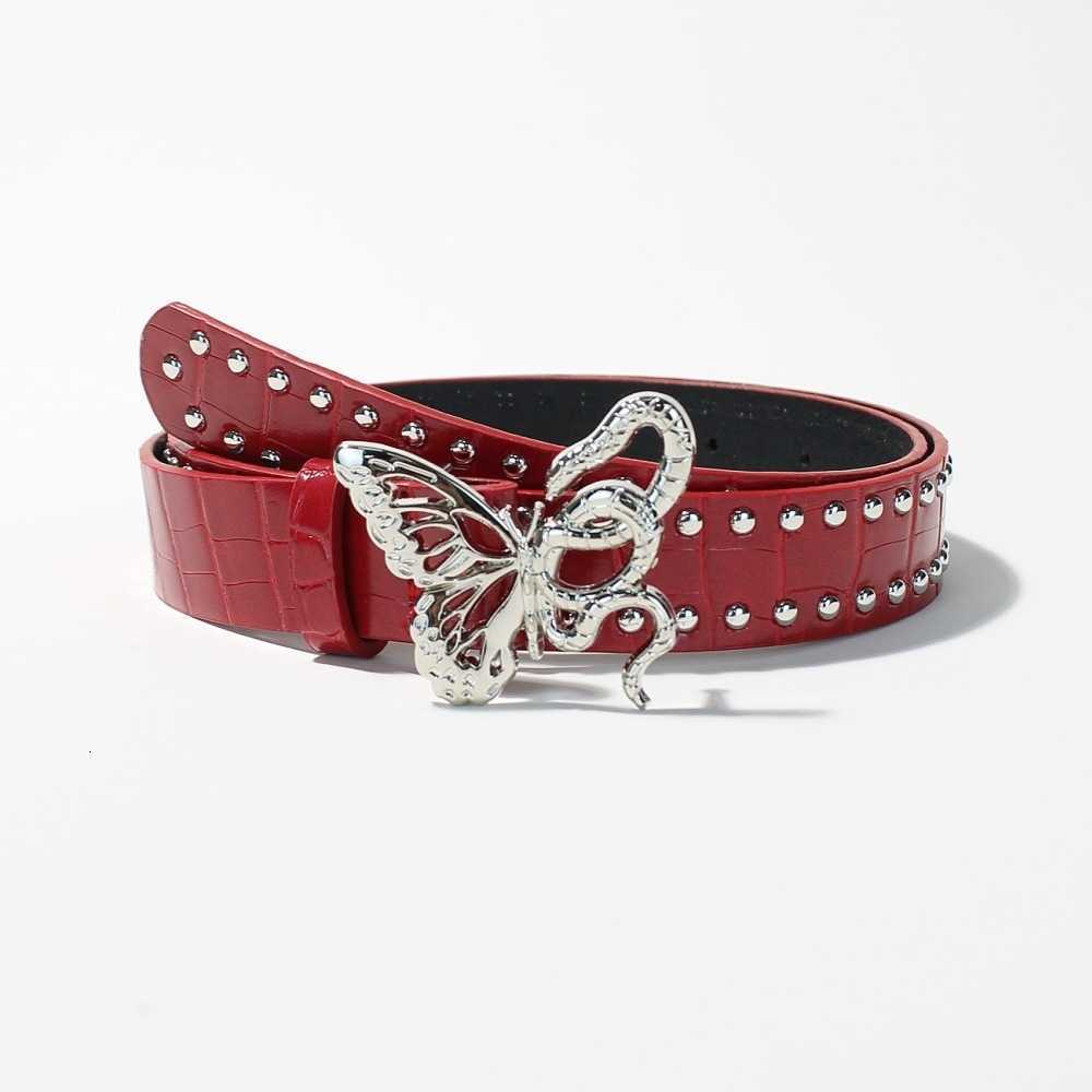 Cintura versatile in pelle rossa stile occidentale Jeans da donna Cintura versatile con rivetti unici a forma di farfalla per cintura da donna S2609