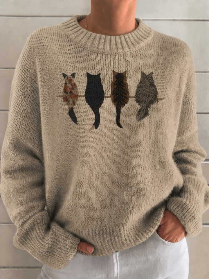 New 2026 Women's Cute Cat Print Knit Sweater Relaxed Fit Crew Neck Long Sve Pullover Cozy Casual Fall Winter Top for Cat Lovers Daily Wear Week