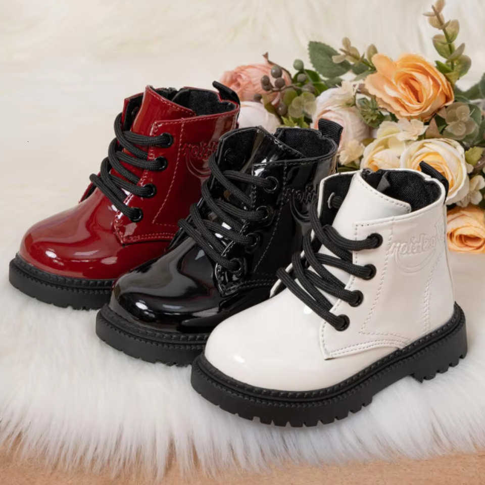 y botas Otoño Invierno Zapatos para niños Botas impermeables de cuero de PU para niños Moda para niños con cordones Botas altas con cremallera Niños