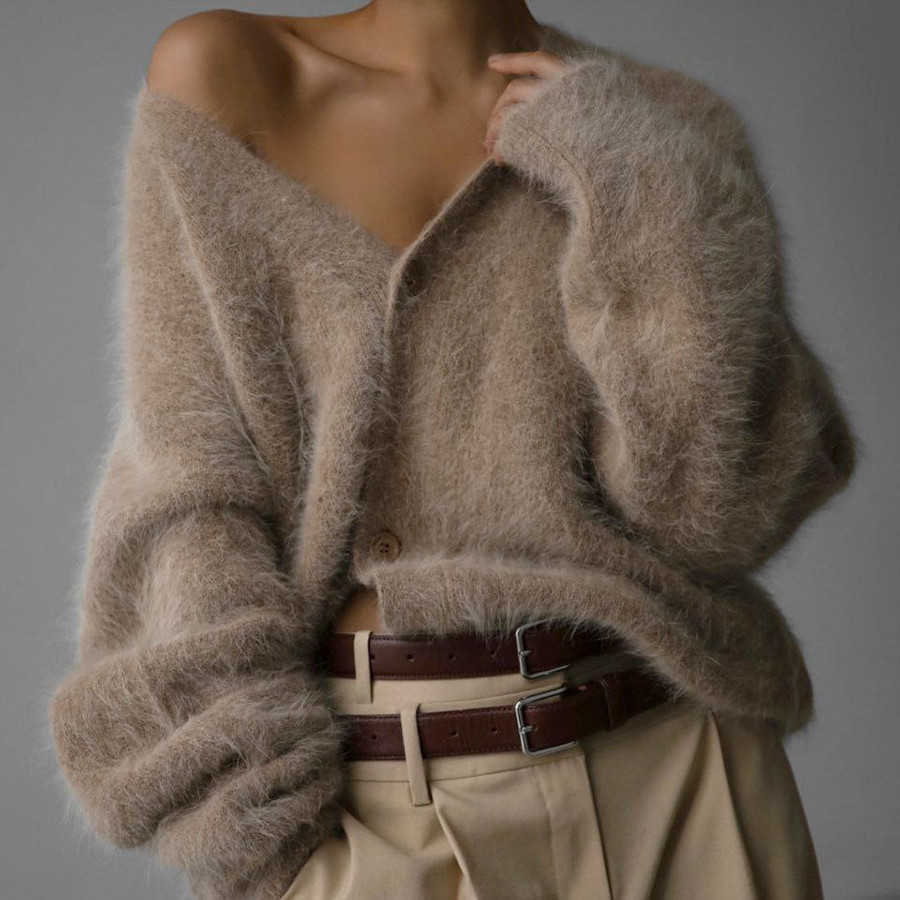 Winter Autumn V Neck Long Sve Button Thicken Fluffy Soft Loose Cardigan Knitted Sweater Coats PYMYFZC-9902 S260919KF6E