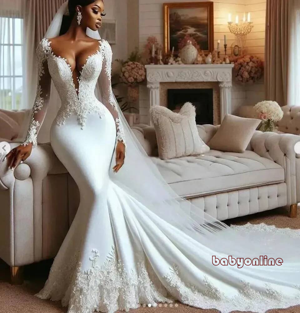 New Long Sleeves Mermaid Wedding Dresses Lace Appliques White Bridal Gowns Sheer V Neck Chapel Length Elegant Vestido De Novia