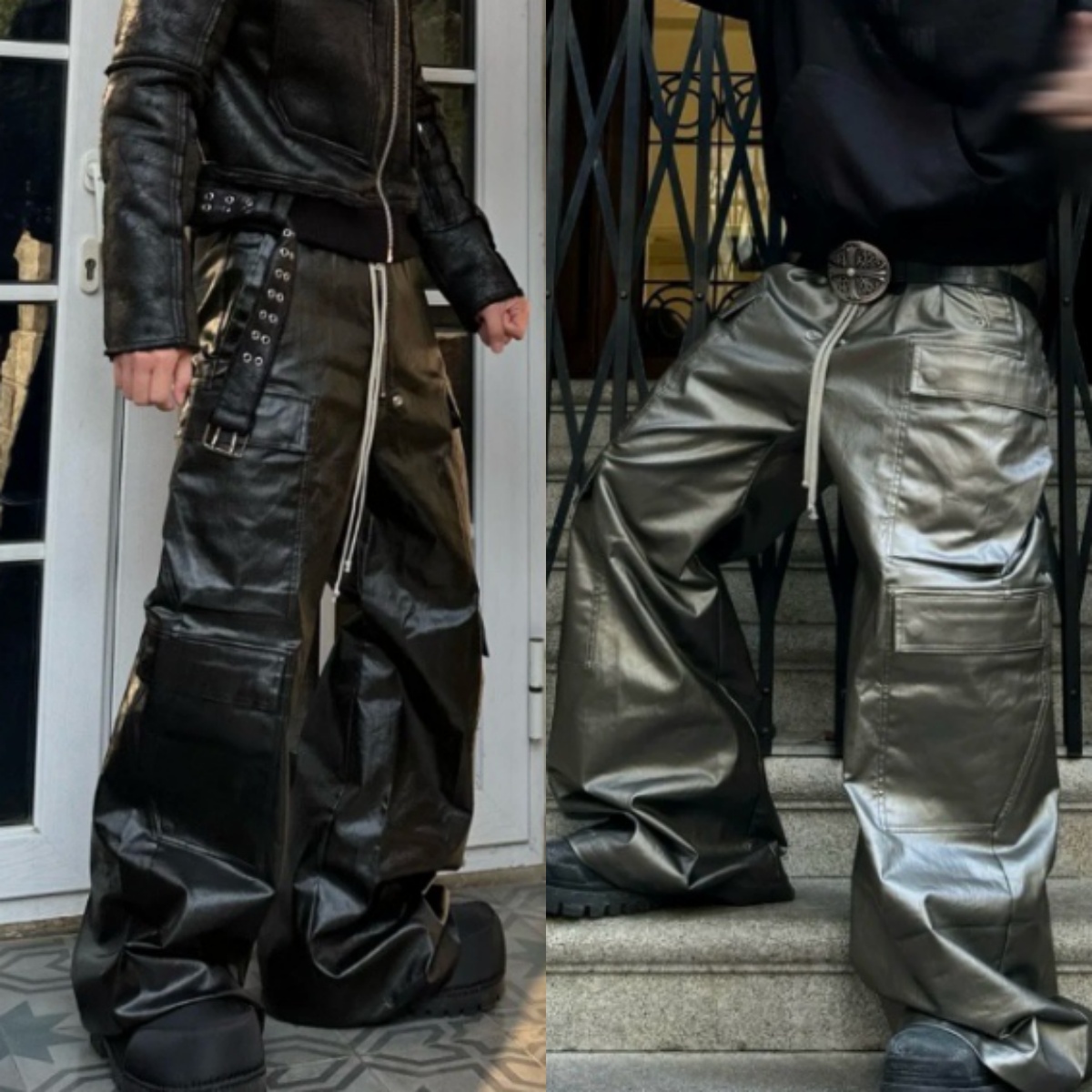 Pantalon cargo multi-poches à jambes larges de styliste, unisexe, américain Dark Street, enduit métallique, longueur au sol, pantalon en simili c