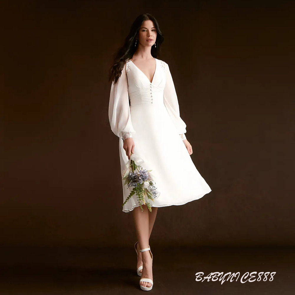 Simple Designed Summer Beach Boho Wedding Dresses A Line Full Sleeve V Neck Bridal Gowns with Buttons Knee Length Summer Bride Vestido De Novia
