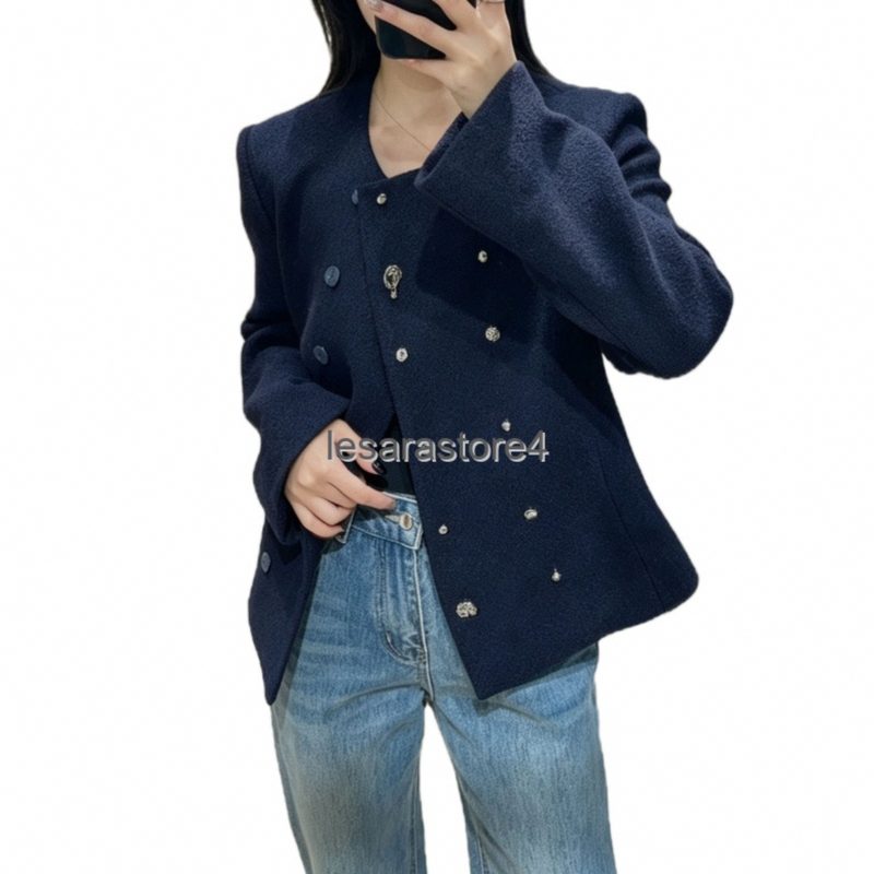 Navy Tweed Wool Coat Women Double Breasted Vintage Belt Winter 679