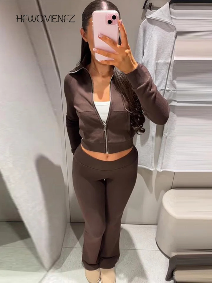 Casual Solid Coats Pant Set Women Full Sleeve Zipper Lapel Jackets Long Slim Trousers Sets Female 2026 Chic Autumn Lady Suits 260918