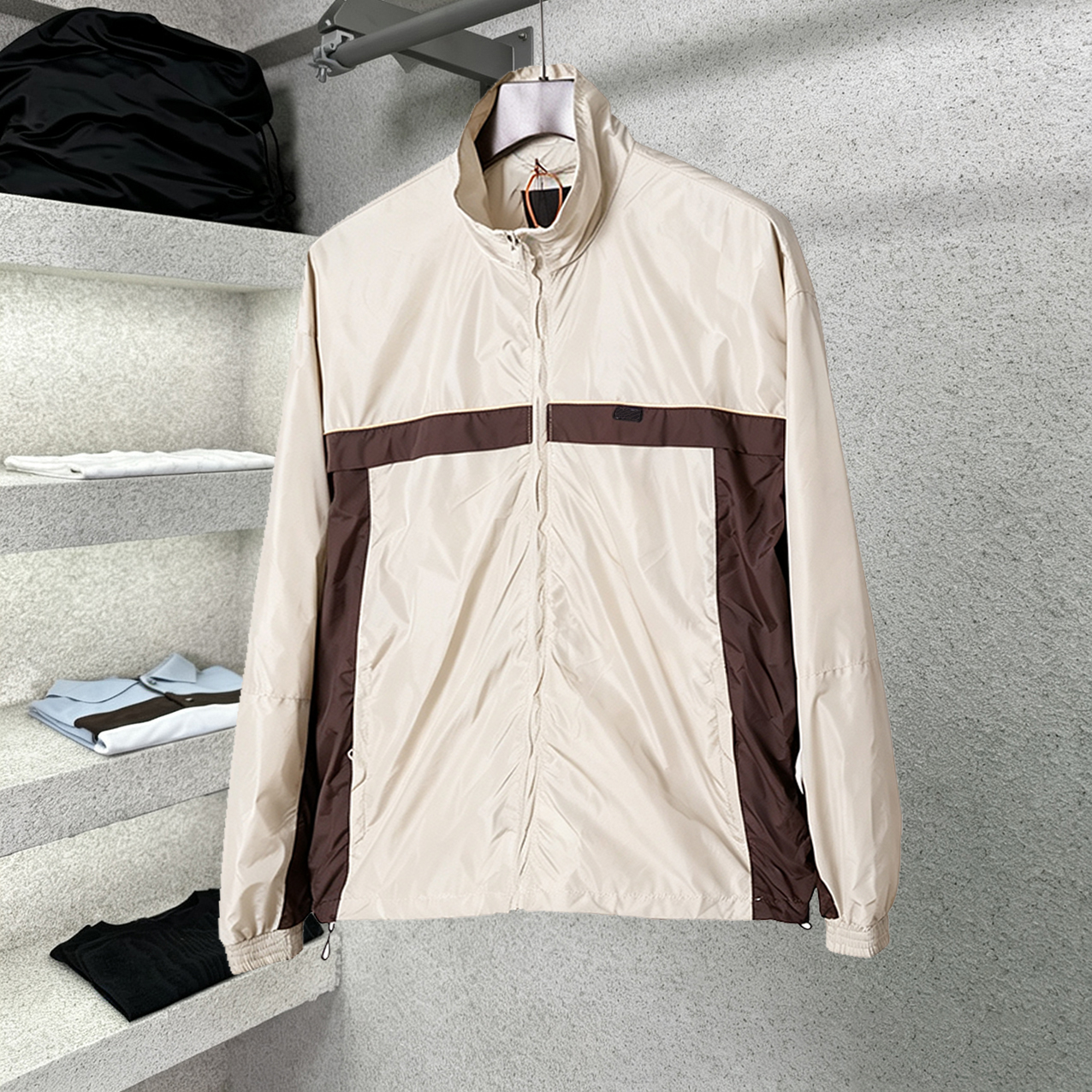 Men's Stand Collar Trench Coat Men's Jacket High-Quality Color-Blocked Full-Zip Lightweight Jacket Unisex Casual Windproof Overcoat Contra