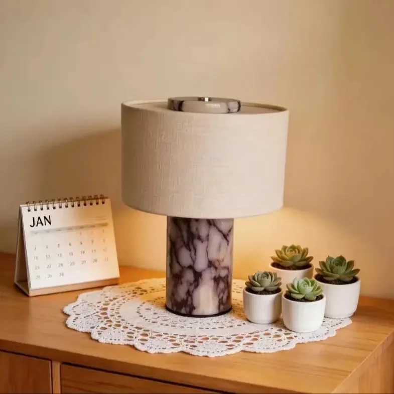 Lámparas de mesa Lámpara de mesa de mármol moderna Lámpara de noche de piedra natural con pantalla de tela Q260918