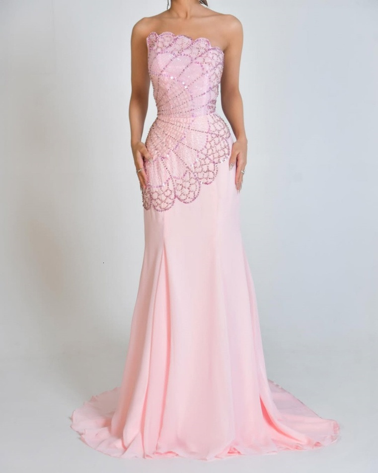 Fashion Pink Sleeveless Evening Dresses A Line Strapless Chiffon Rhinestone Beading Straight Long Women Prom Party Gowns Formal Occasion Dresses 917