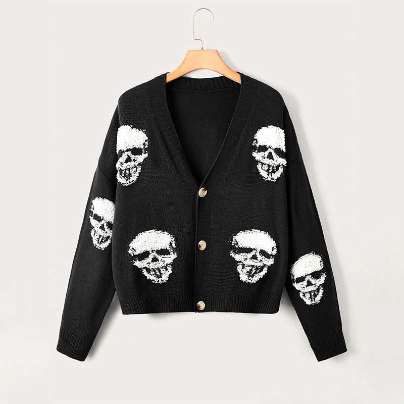 Black Women's Skull Knit Cardigan V Neck Long Sve Cropped Sweater Gothic Punk White Print Loose Fit Autumn Winter Coat S260919N6YX