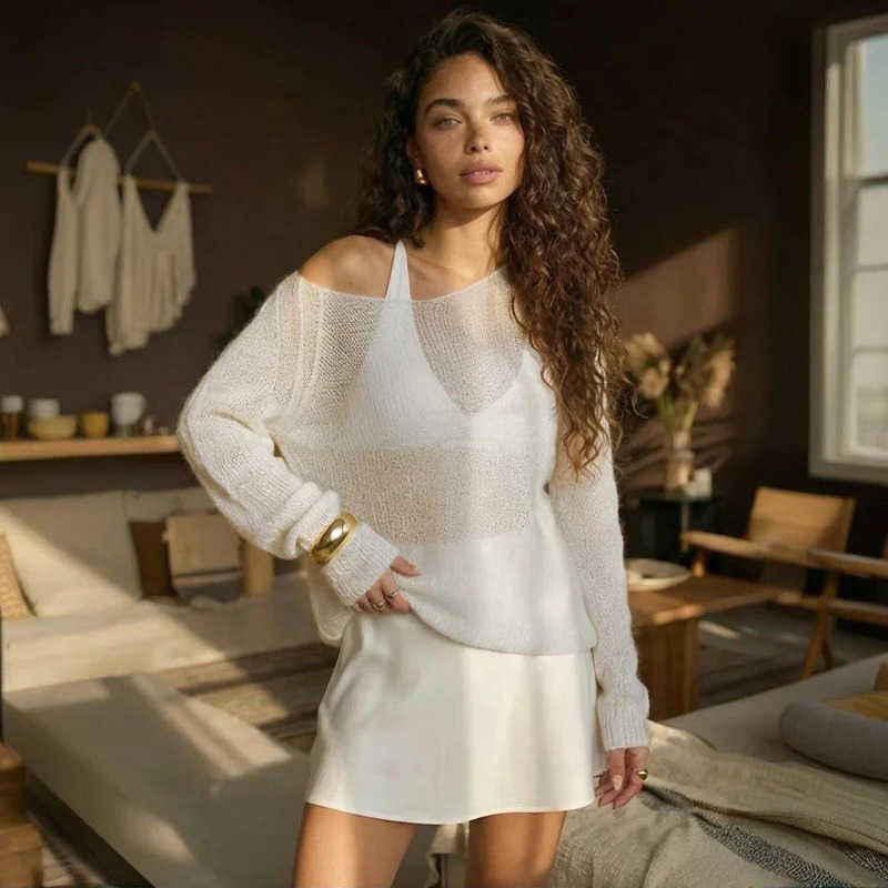 Spring 2026 Knitted Hollow Top Women's V neck Sext See Through Cover Up Loose Sweater Long Sve Solid Female Pullovers2.1 S260919S0SH