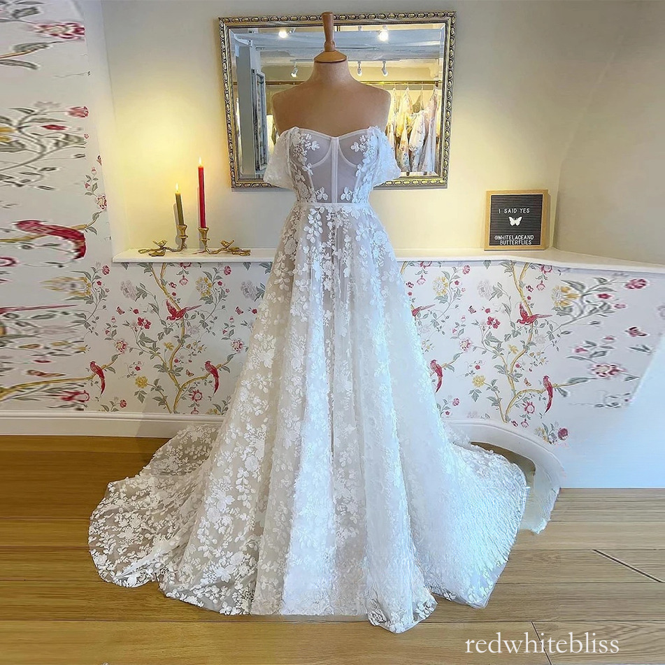 Charming A-line Wedding Dresses for Women Summer Beach Garden Boho Robes Off the Shoulder Lace Appliques Bride Dress Customized 917
