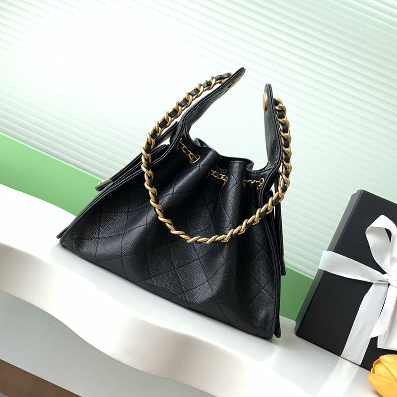 12A Caviar Designer Bucket Bags Luxury Hobo Shoulder Bag Mirror Quality Tote Handbag Underarm Purse Silver Gold Chain Sheepskin Leather Women Drawst