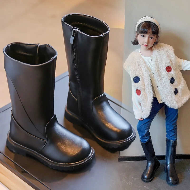 Long Boots Girls Boots Black PU Leather Kids High Boots 2025 Autumn Winter Fashion Warm Fur Children Motorcycle Boots Simple ClassicT260919