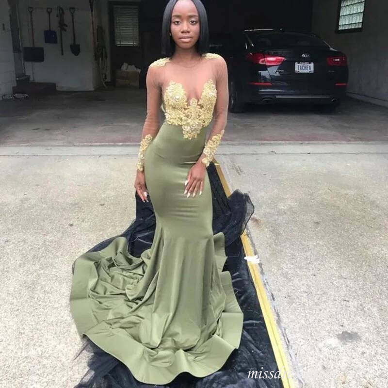 Sexy Illusion Long Sleeves Mermaid Prom Dresses Gold Appliques Lace Plus Size African Black Girls Evening Party Gowns