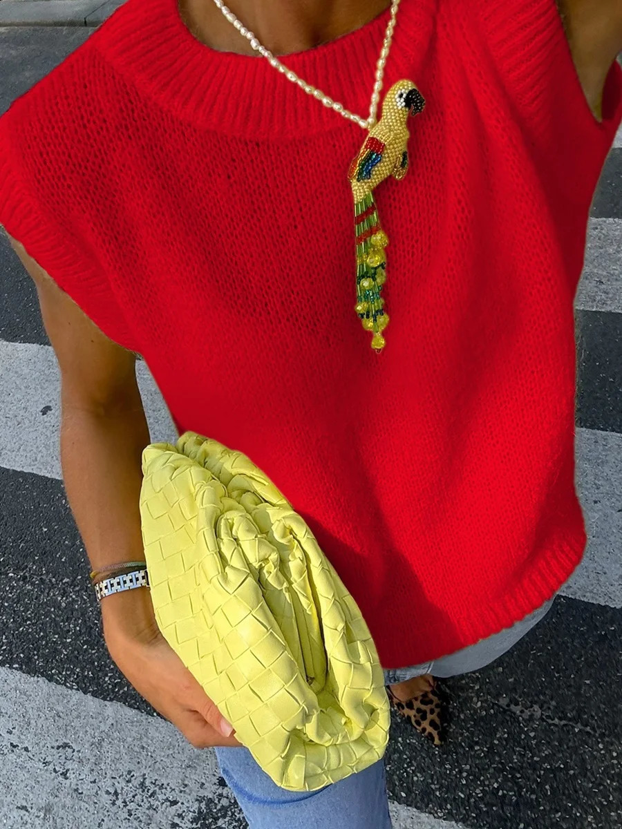 Red Sleeveless Knit Vest Top Women O Neck Solid Basic Knitted Tank Tops Casual Streetwear Ladies Summer Slim Fit Knitwear Blouse 260918
