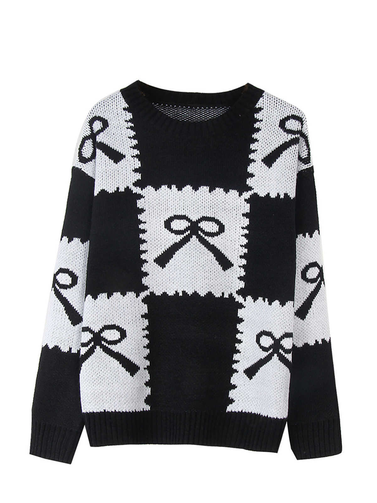 - S XL 2025 Bow Printed Ribbed Sweater Women Autumn Winter Loose Casual Pullovers Female Warm Long-sved Pullover Tops D625 S260919YQHR