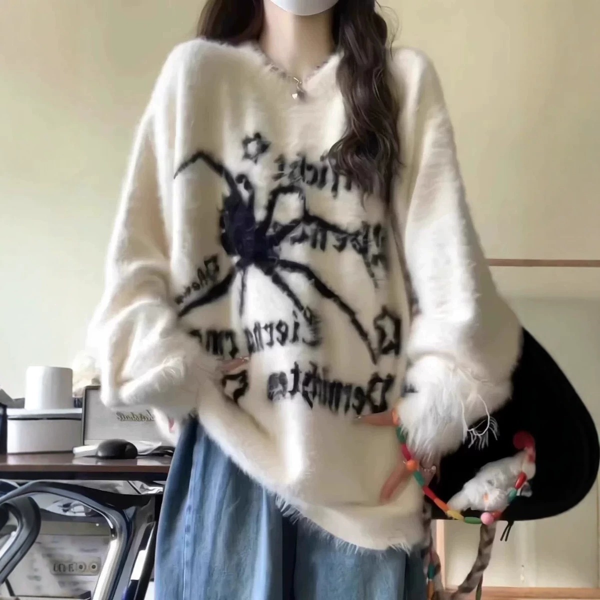 Pull ample en cachemire hip hop atmosphère épaissie vent paresseux haut tricoté dames doux moelleux Mohair sensation tricot pull coupe ample moti