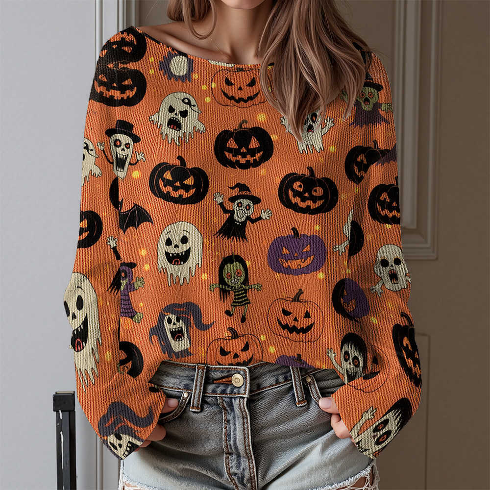 Knitted Women's Crewneck Sweater Round Neck Long Sve Pullovers Tops Autumn Winter Fashion Streetwear Pumpkin Clothes S260919DAPJ