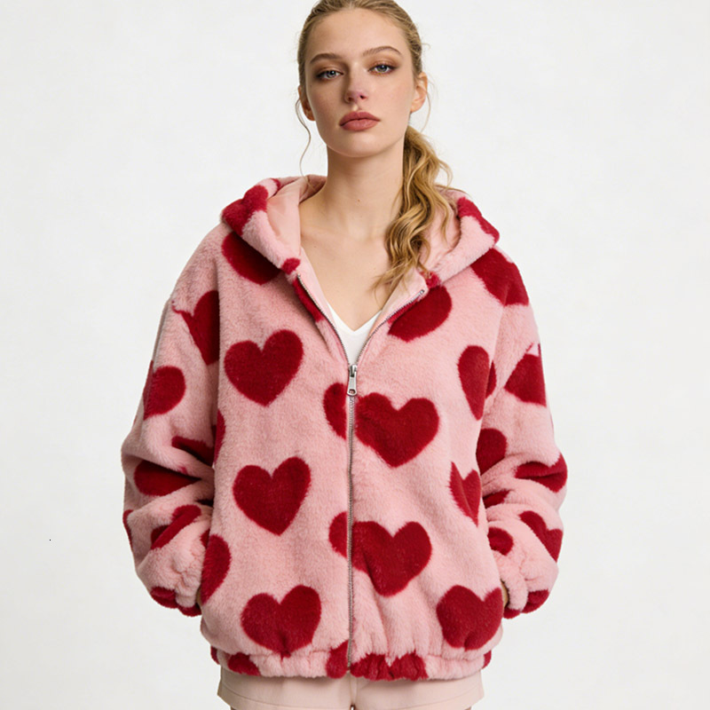 2026 New Women Heart Shaped Fluffy Hooded Jacket Winter Versatile Zip Up Fleece Lined Thickened Korean Style Loose Fitting Furry Top Casual Daily St