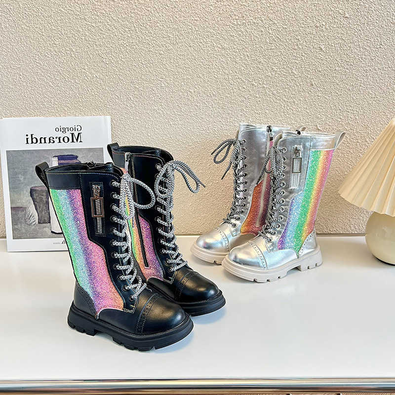 Girls Boots Boots Autumn and Winter 2023 New Kids High Boots Unique Little Princess Plus-Velvet Colorful Child Fashion Glossy SilverT260919