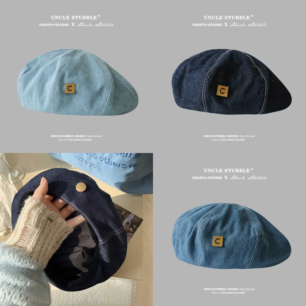 Style Berets 56-58CM Women's Korean Lady's Sweet Heart Decor Beret Cap Drawing Denim Newsboy Flat Cap Artist Beanie Hat J260919