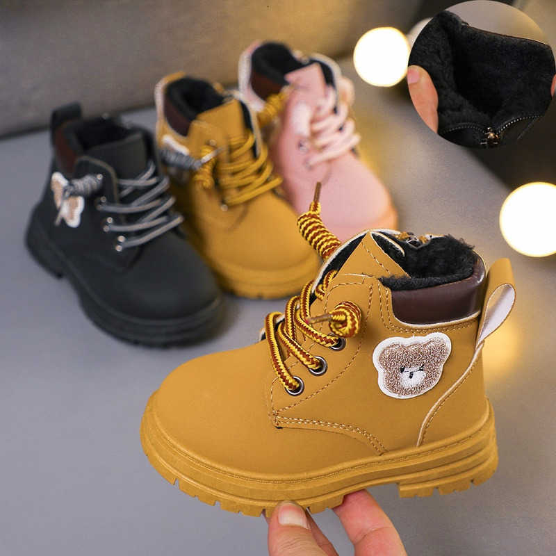 New Children's Boots Fashion Boots Winter Thickened Fleece Boys Girls Anti Slip Warm Leather Boots Solid Cute Bear Kids Casual ShoesT260919