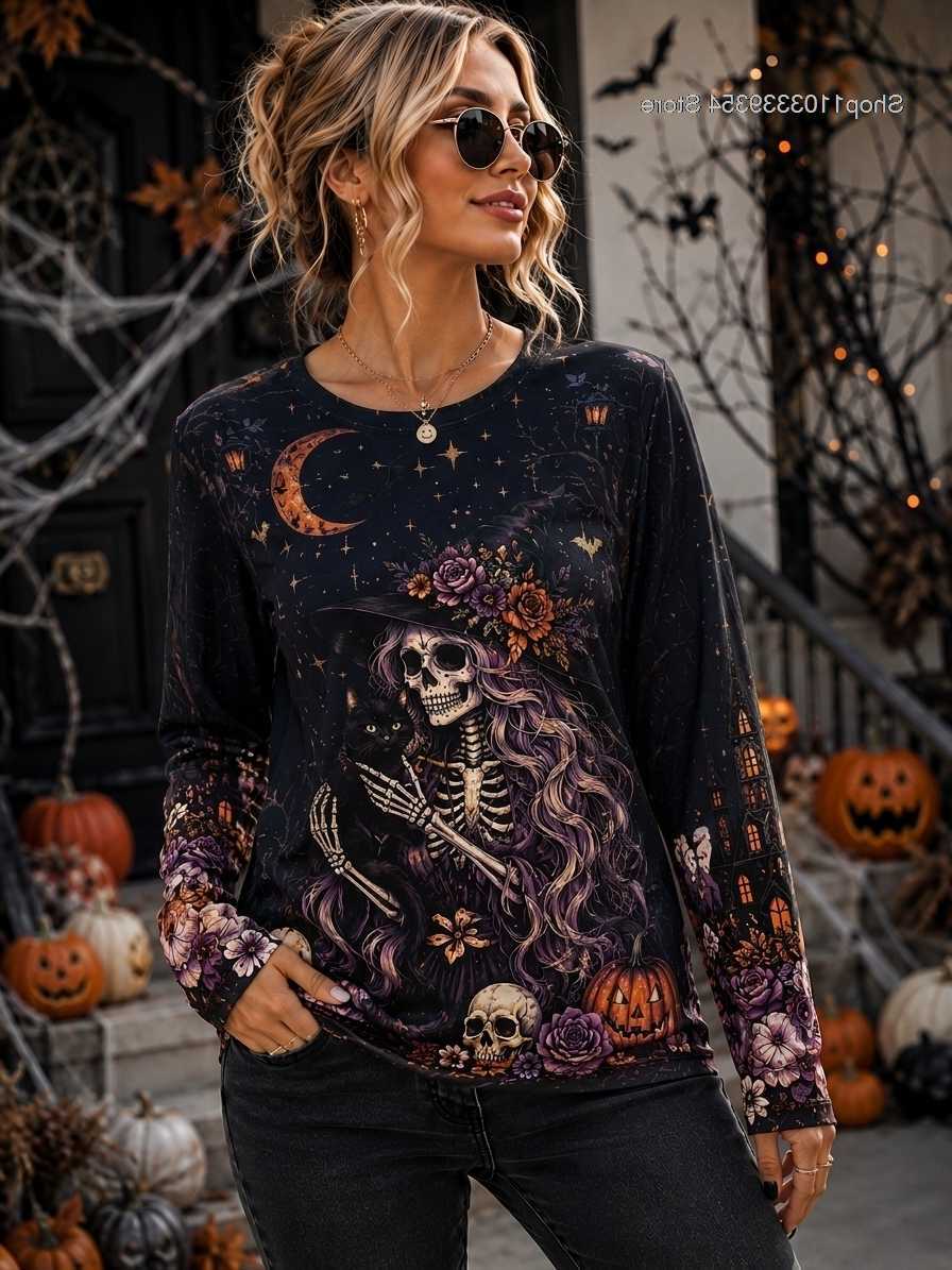 Halloween Women Skeleton Witch Graphic Tee Long Sve Crewneck Tops Vintage Gothic Black Cat Pumpkin Party Gift T-shirt S260919ABLZ