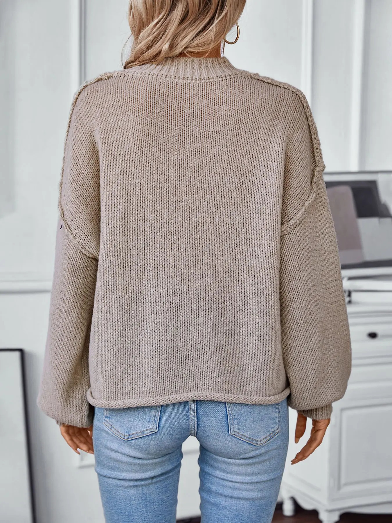 Round Neck Sweater Women Lantern Sleeve Knit Sweaters Long Sleeve Knit Top Casual Pullover Sweater Loose Fall Winter Tops 260918
