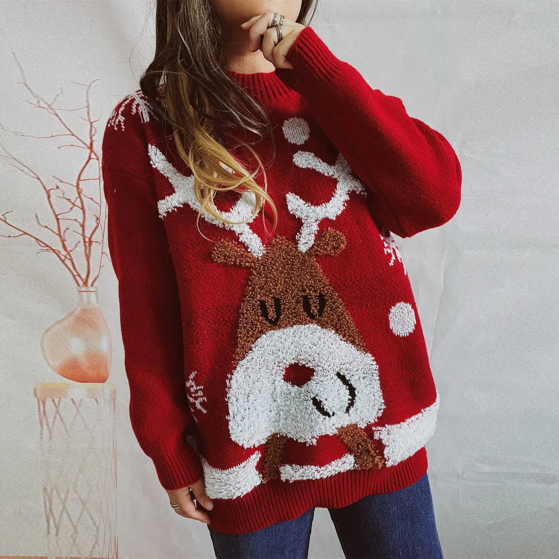 Women Sweater New Year Christmas Sweater Jumper O-Neck Fashion Casual Tops Thickened Raglan Sve Elk Christmas Tree Pullover S2609198AJI