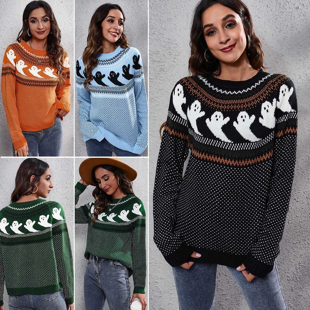 Sweater Women's Round Neck Long Sve Knitwear Black Oversized Ghost Print Pullover Halloween Theme Women's Winter Clothing S260919DESQ