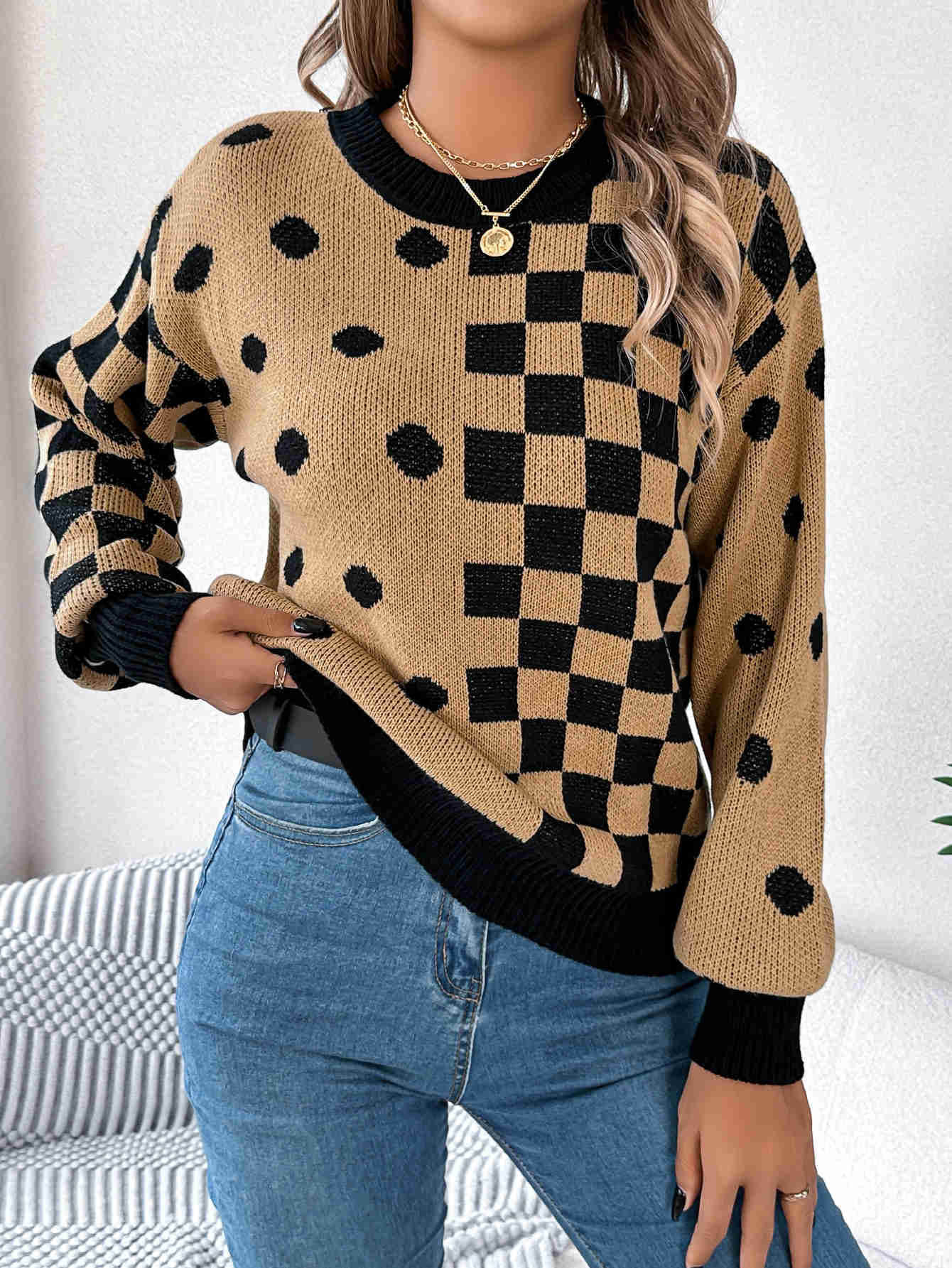 Autumn Winter Casual Contrasting Grid Dot Long Sve Knitted Pullover Fashion New Year and Christmas Sweater Women Clothes SNUI S260919Y6XU