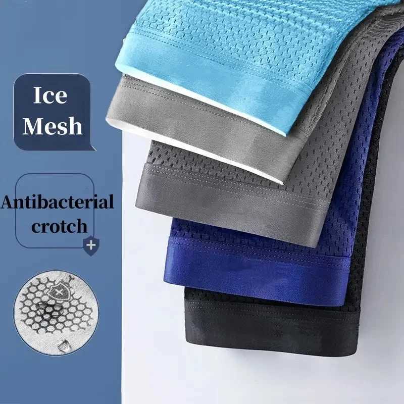 5pcs/Men's Underwear Summer Ice Underpants Silk Underwear Plus Size Panties Cool Breathable Sexy Boxer Panties Mesh Comfort Underwear L-5XL D26