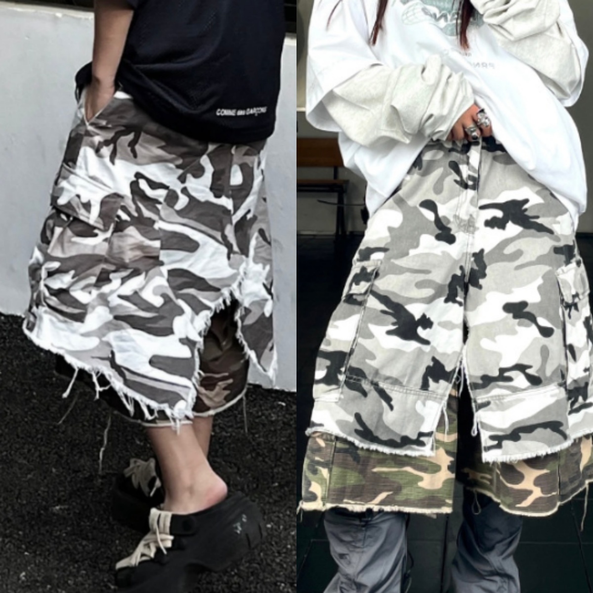 Short camouflage à franges Double couche unisexe, faux deux pièces de rue américaine, coupe ample, longueur 7/8, pantalon court Streetwear