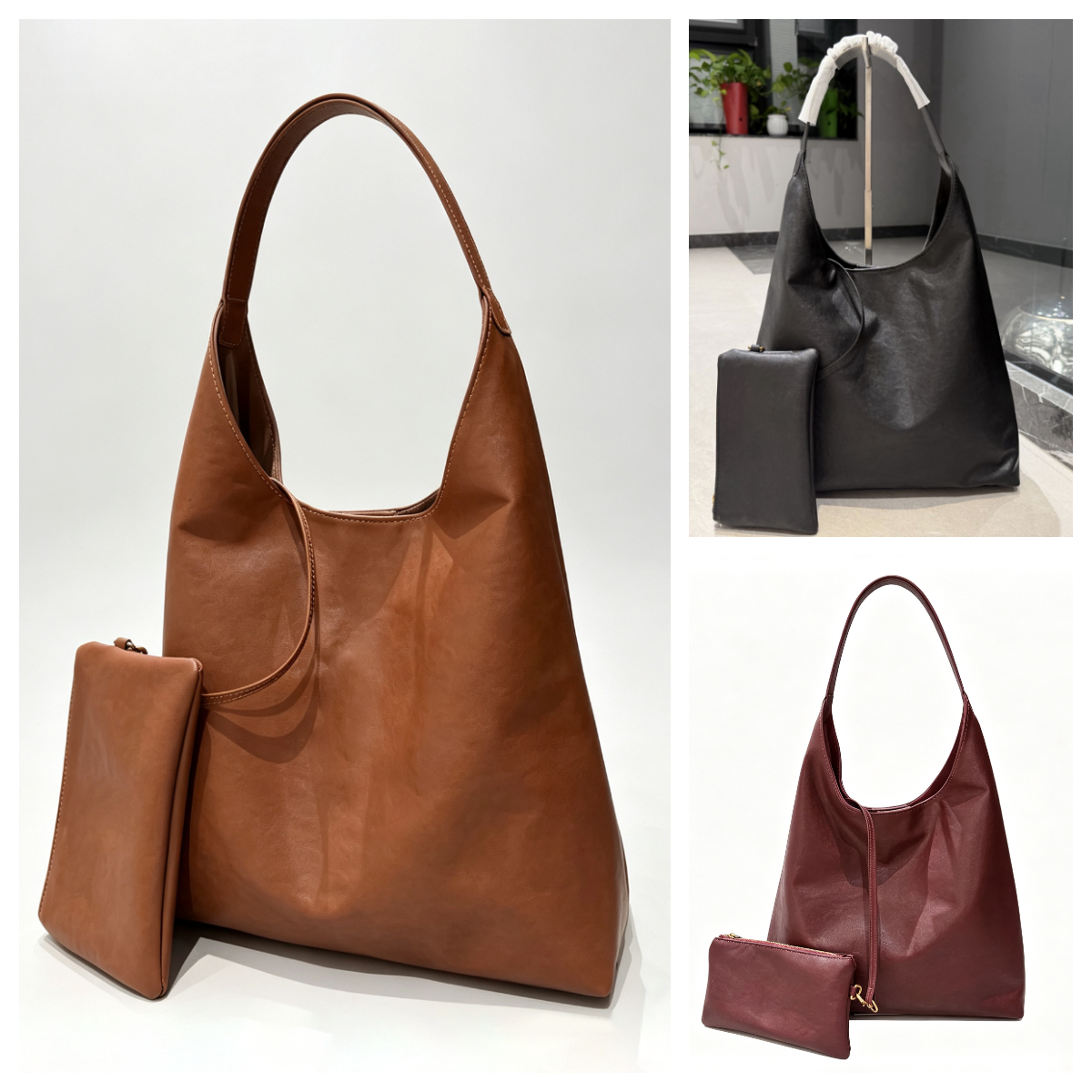 Women Oversized Soft Leather Hobo Shoulder Bag Designer Large Slouchy Hobo Tote bag With Small Pouch Casual Daily Shopping bag Soft Shoulder Handbag