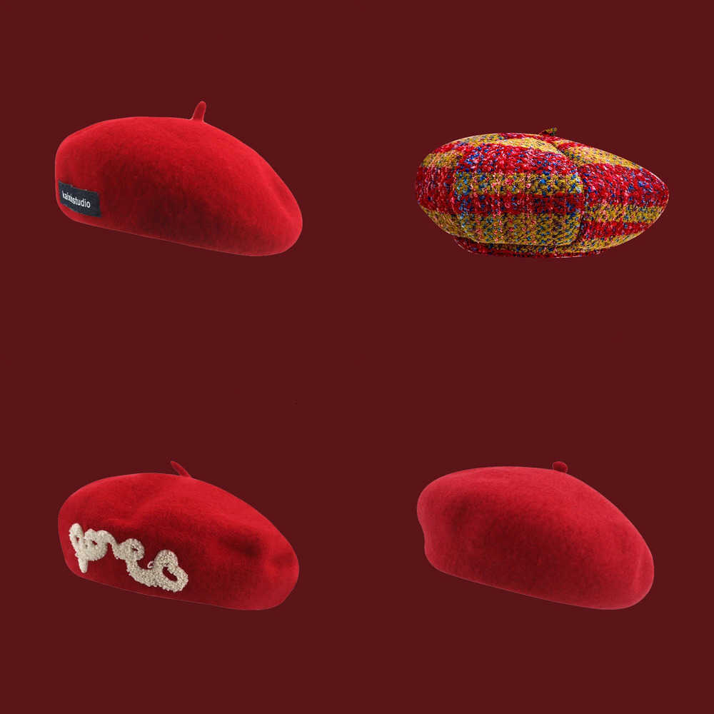 Red Christmas Beret for Berets Women - Autumn Winter Retro Style One-Size with Big Head Fit Face-Framing Design Holiday Headwear J260919